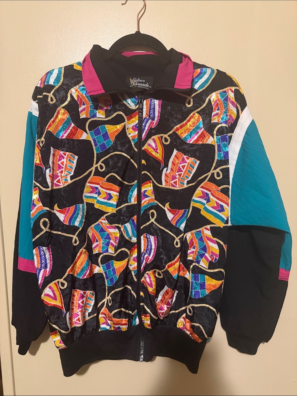 Vintage Multicolor Retro Pattern Utility Jacket - Black, Teal, Pink
